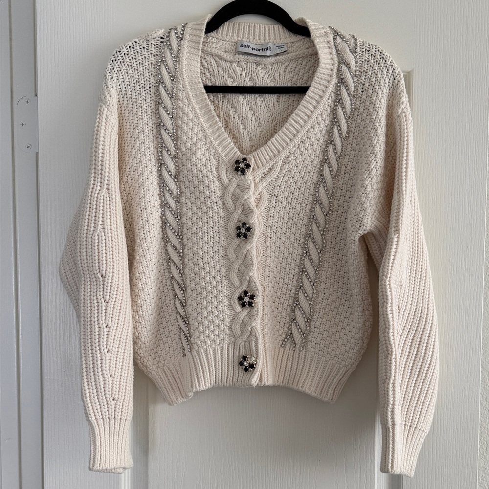 Self-Portrait Cream Cardigan with Embellished Buttons